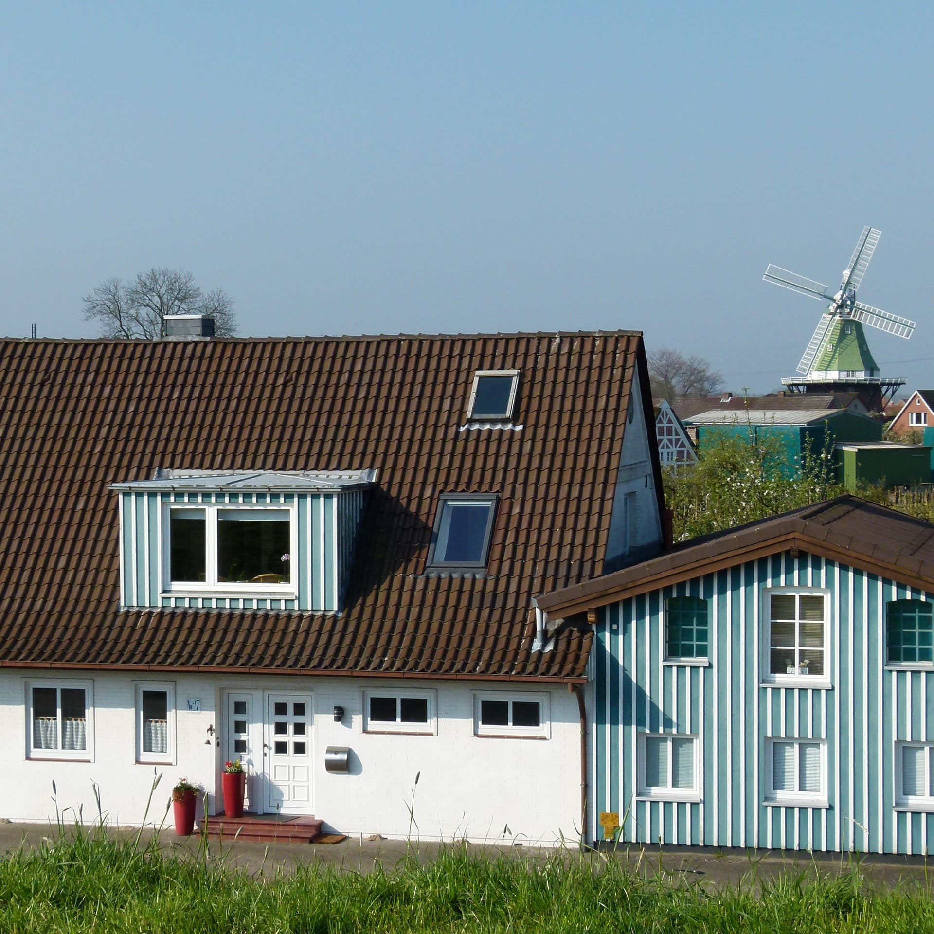 Blick vom Deich auf ein Haus mit einer Ferienwohnung in Lühe im Alten Land, im Hintergrund ist eine Windmühle zu sehen. 