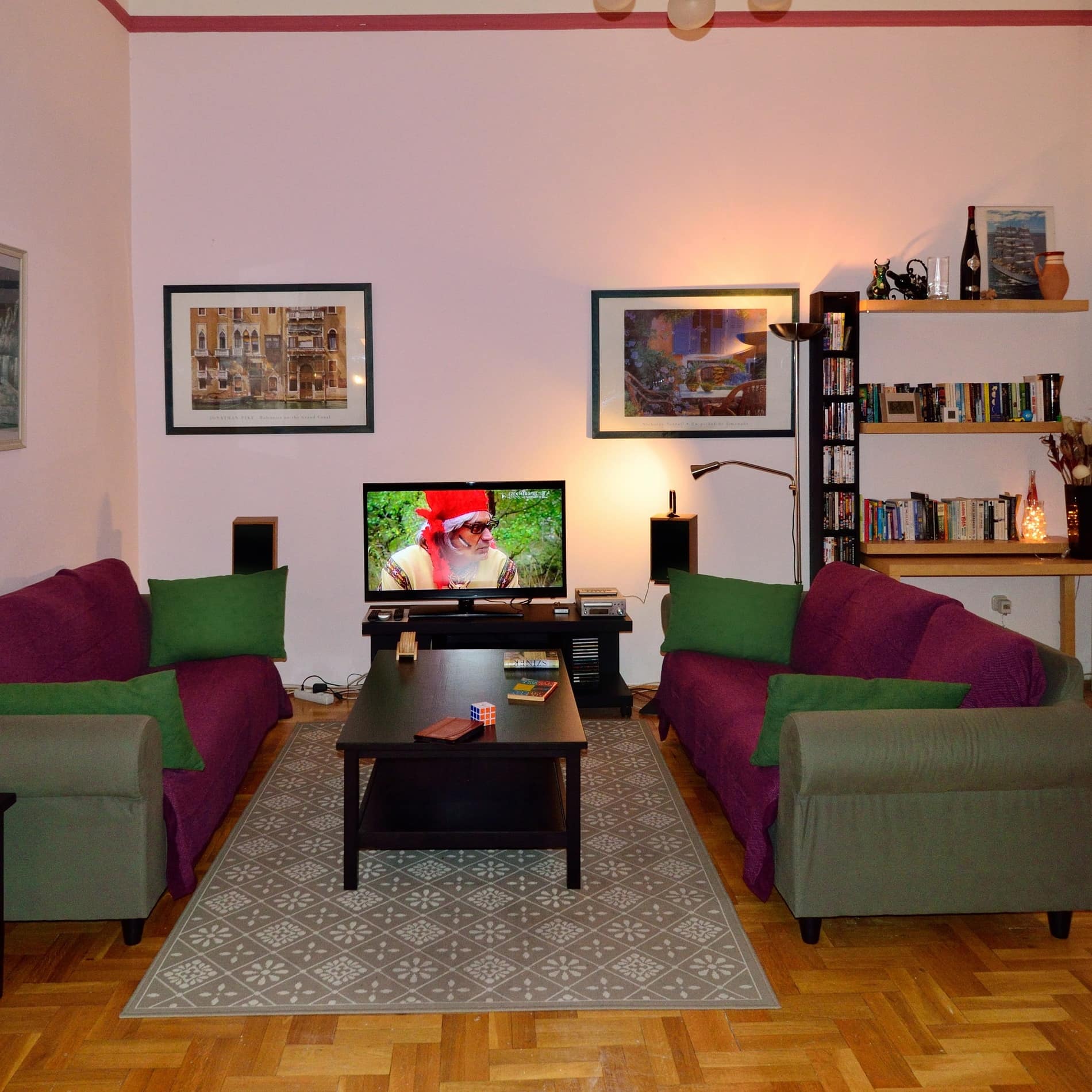 Wohnzimmer in der kinderfreundlichen Ferienwohnung in Ungarn mit zwei Sofas und Fernseher