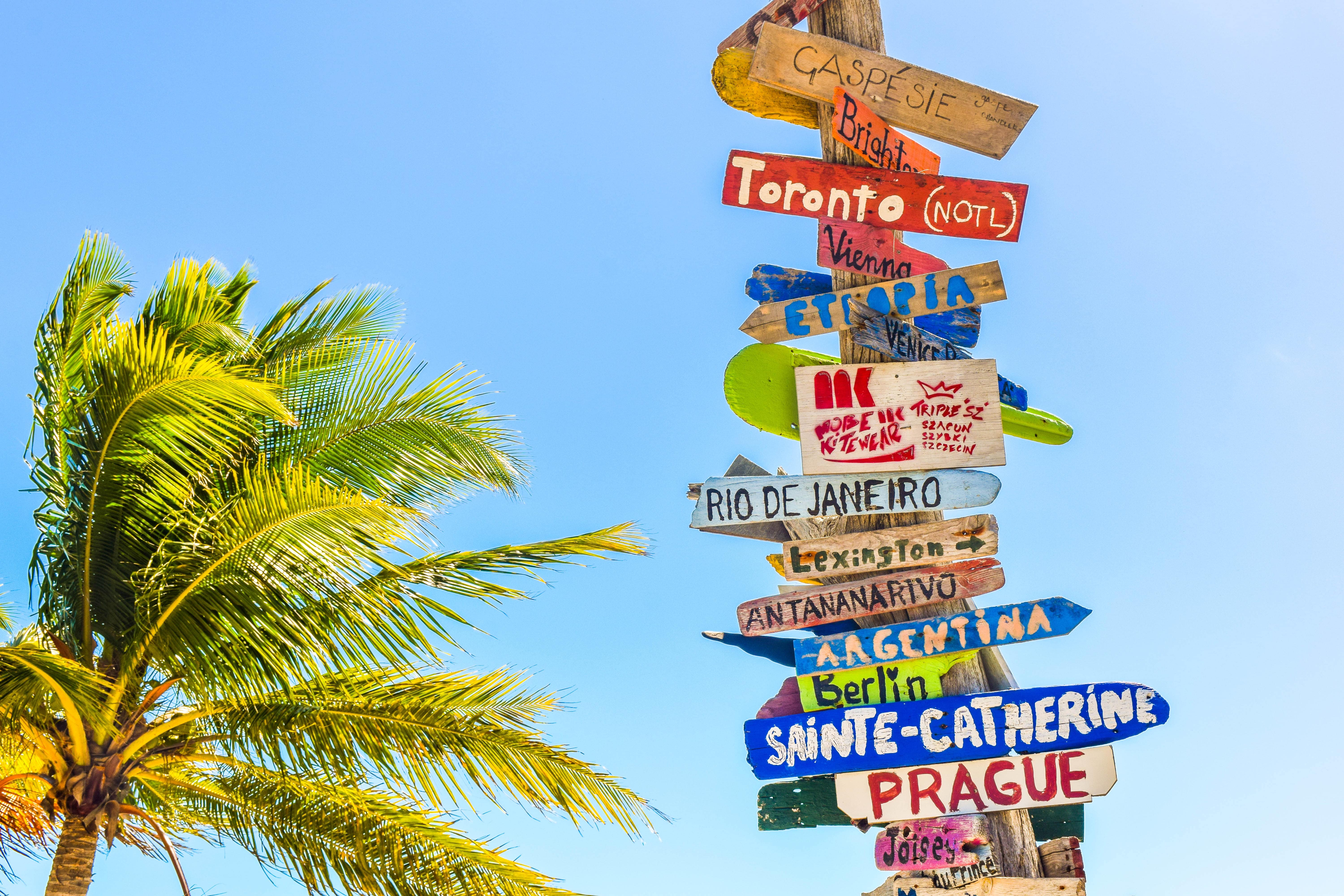 Tropical beach holiday sign posts with palmtree stock image - Photo by Deanna Ritchie