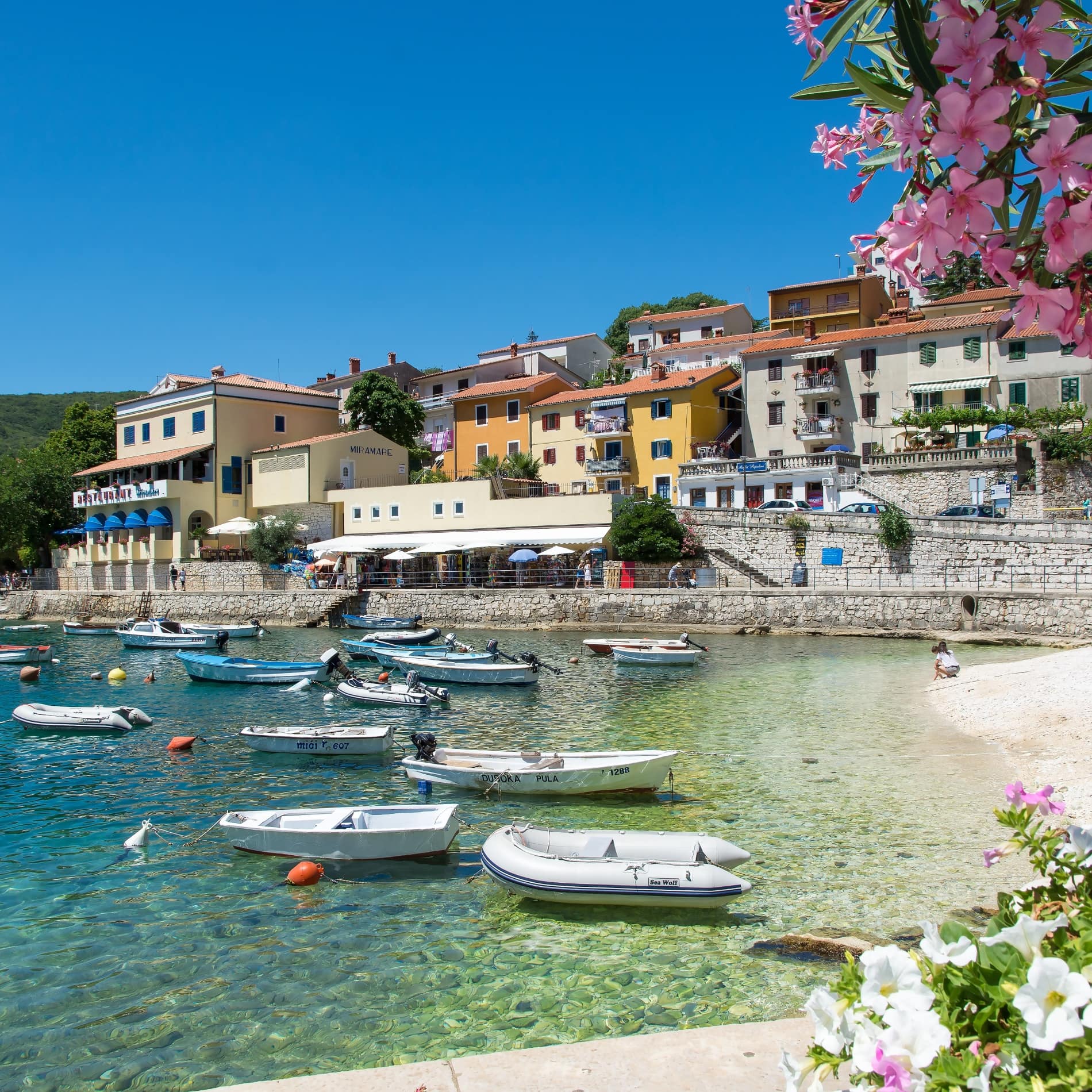 Kleine Boote sind im kristallklaren Wasser einer Bucht Istriens vertäut, während über der Uferpromenade bunte Häuser stehen
