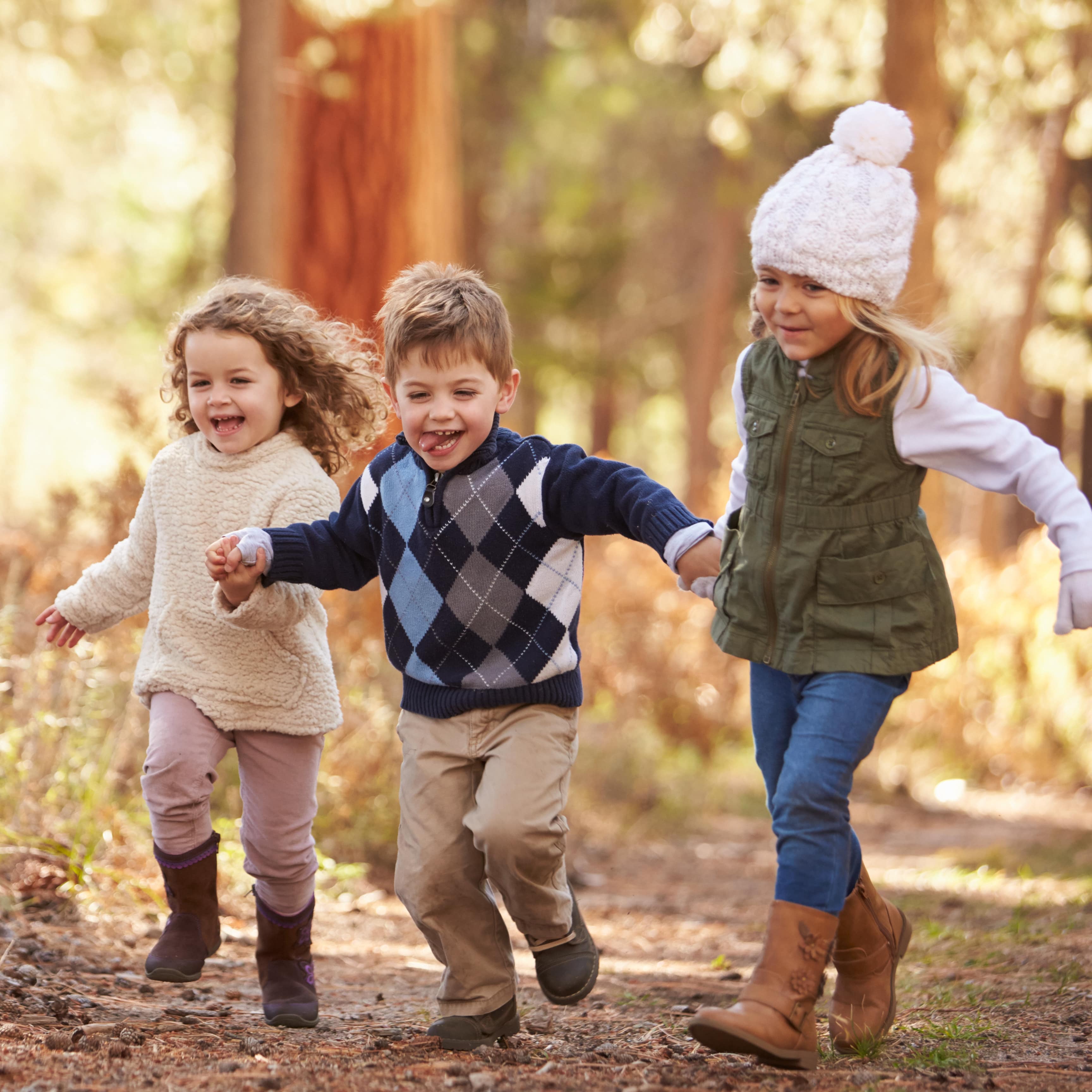 3 Kinder in herbstlicher Kleidung halten sich an den Händen und laufen einen Waldweg entlang.