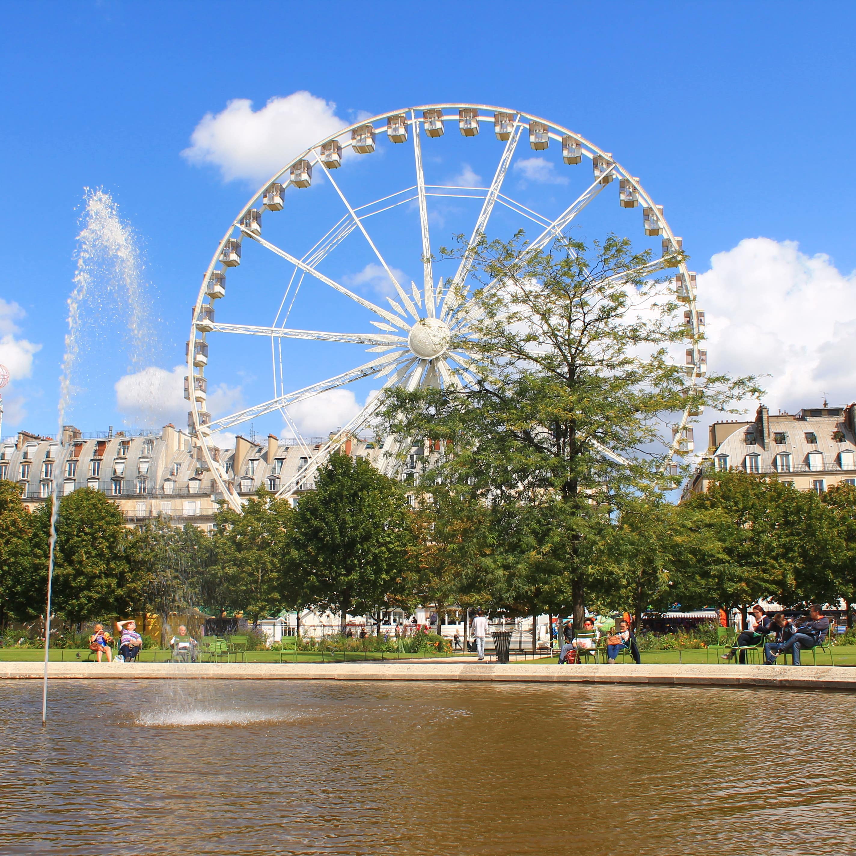 Jardin des Tuileries: Brunnen mit Fontäne, davor Besucher und ein Riesenrad.