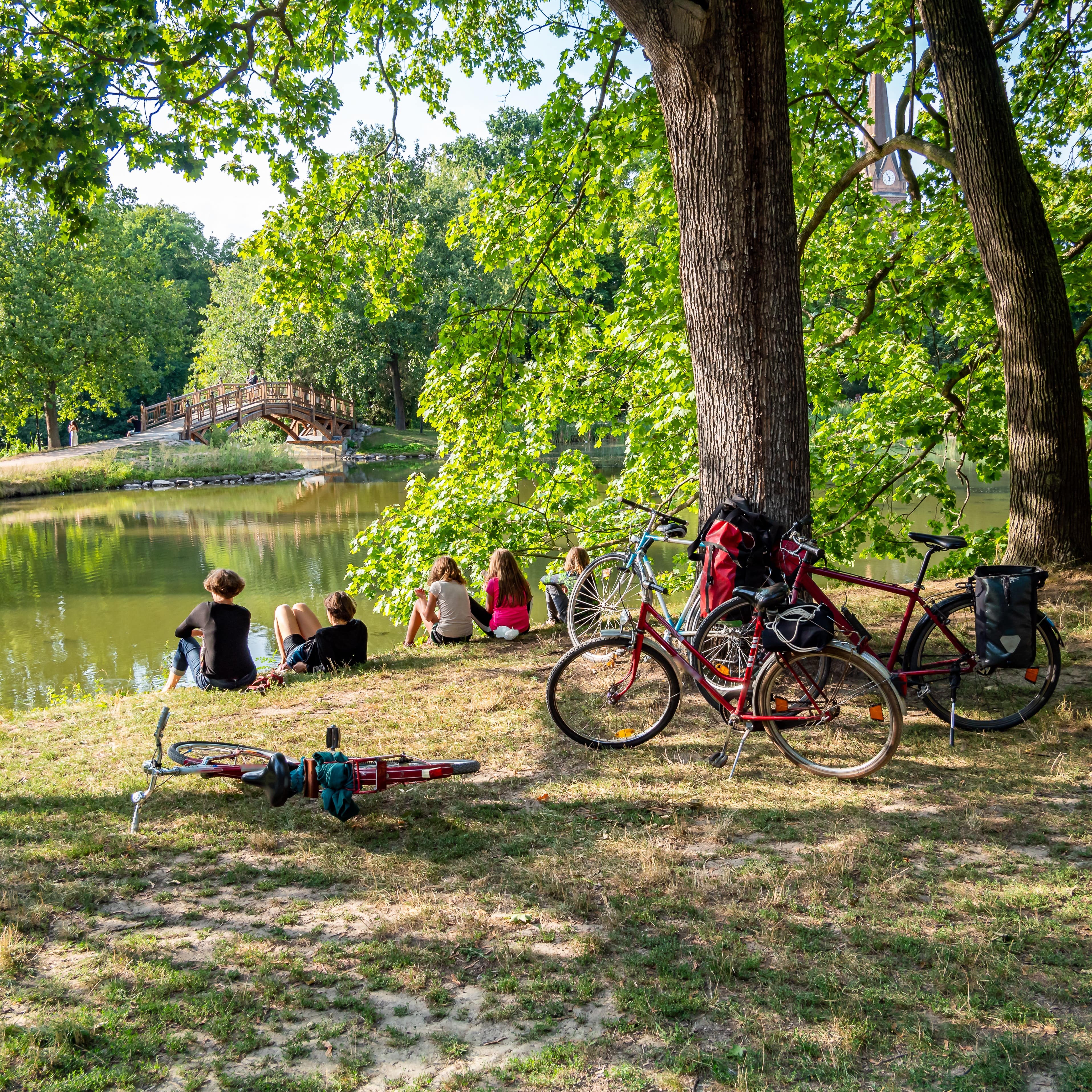 Im Sommer: Eine Familie ruht sich am Ufer eines Gewässers aus, vorne stehen Fahrräder und Bäume. 