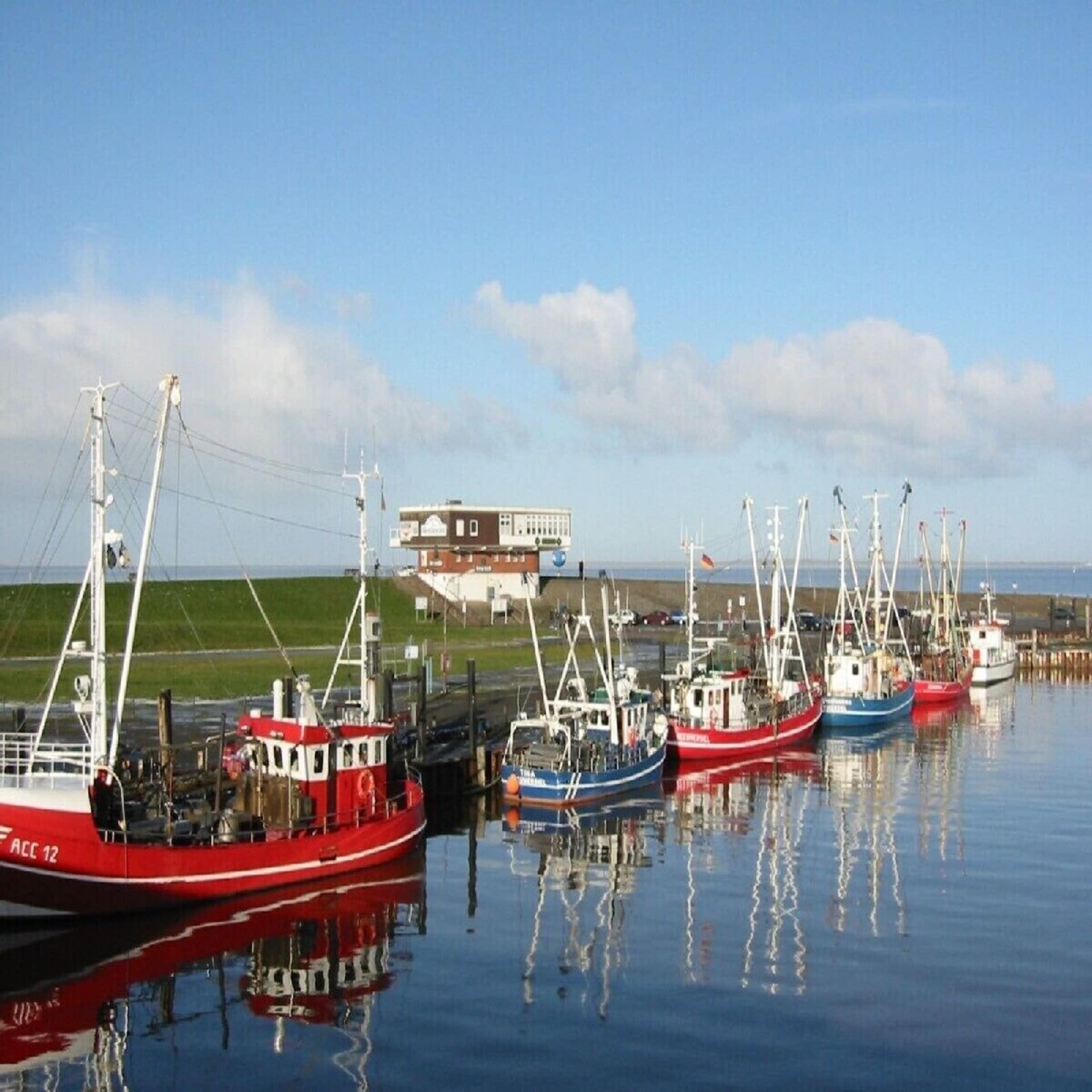 Rote und blaue Fischerbote spiegeln sich im Wasser des Hafens. Dahinter ein kleines Gebäude auf einem grünen Hügel.