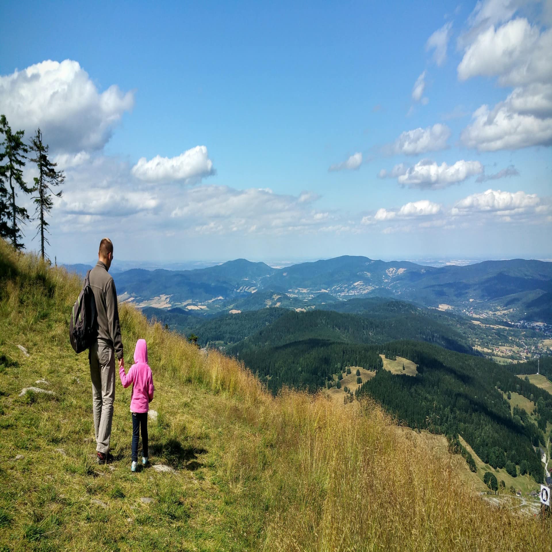 Vater und ein kleines Kind mit rosa Jacke blickt von einem Berg auf die grüne Landschaft.