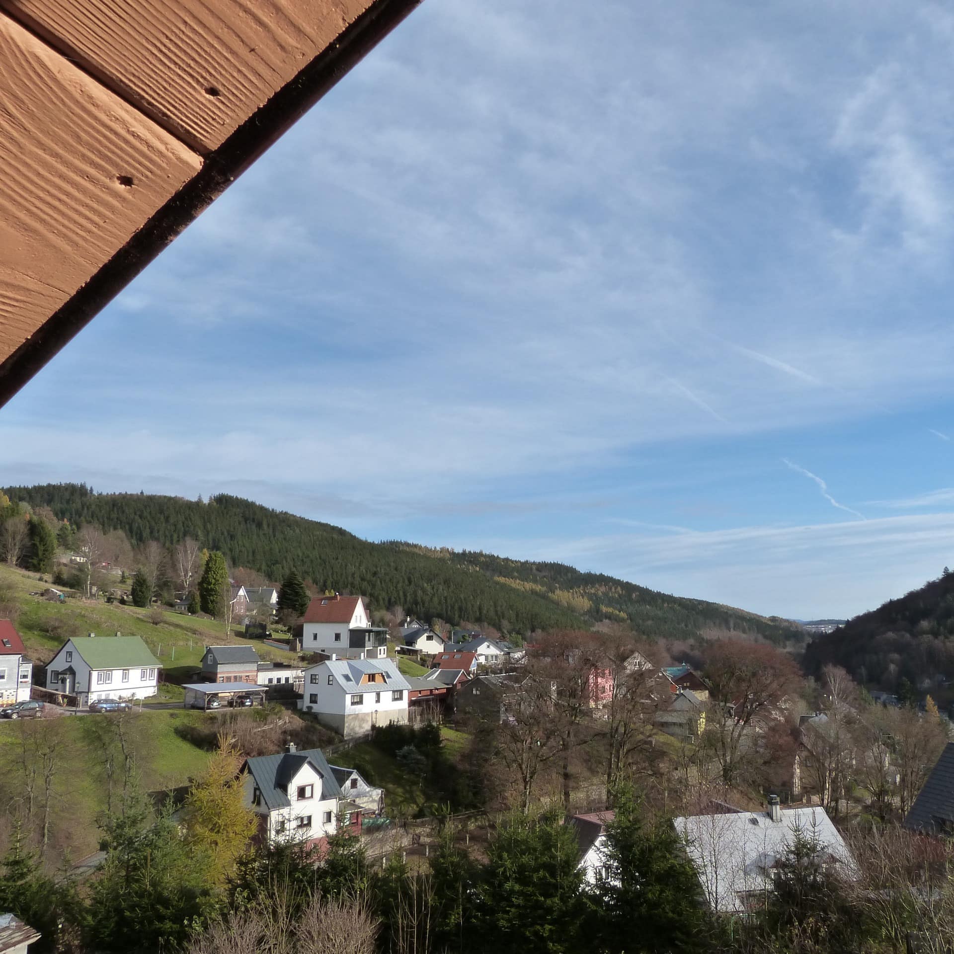 Blick aus einem Dachfenster auf ein Dorf im Thüringer Wald. 