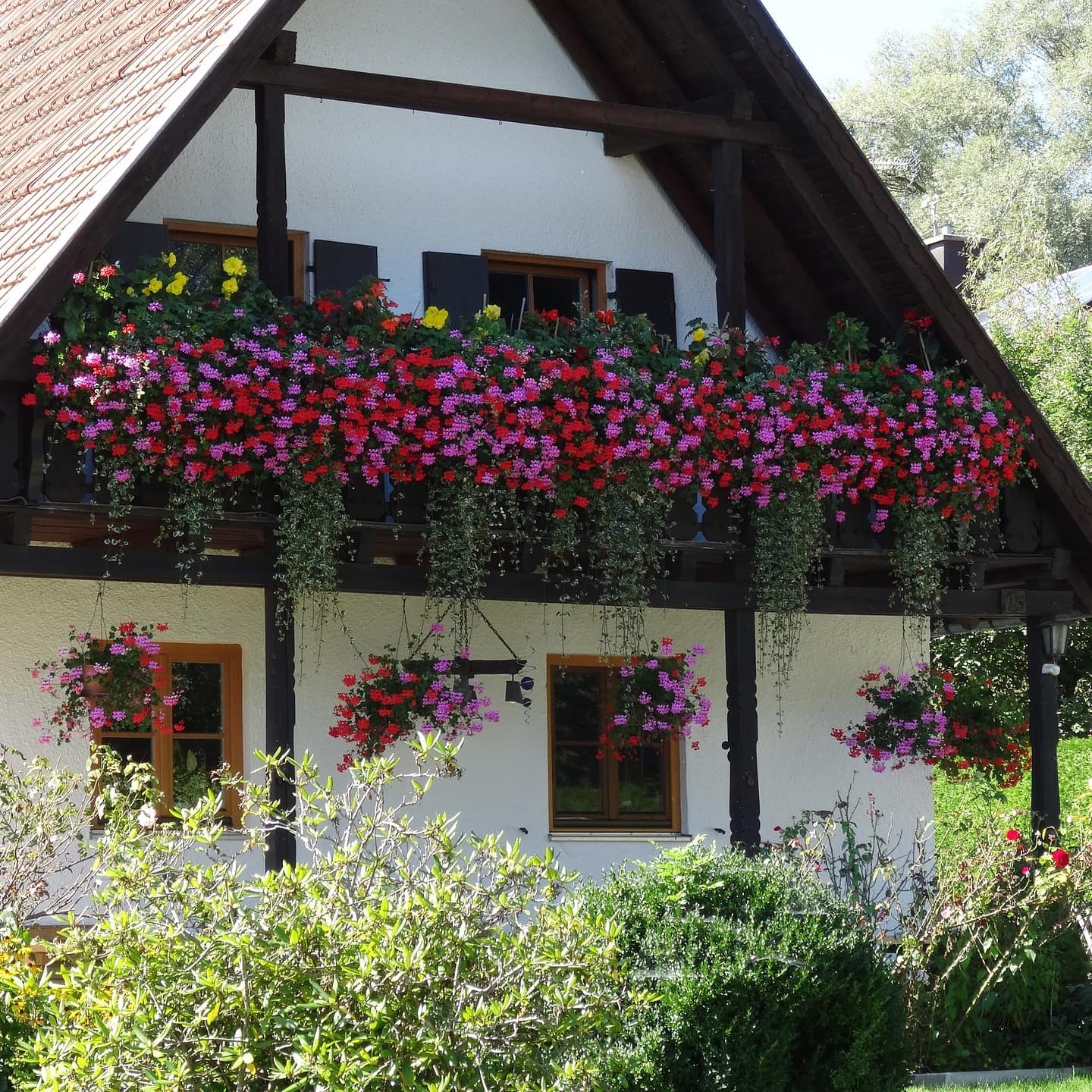 Ein Fachwerkhaus am Ammersee mit Garten und bunten Blumen am Balkon