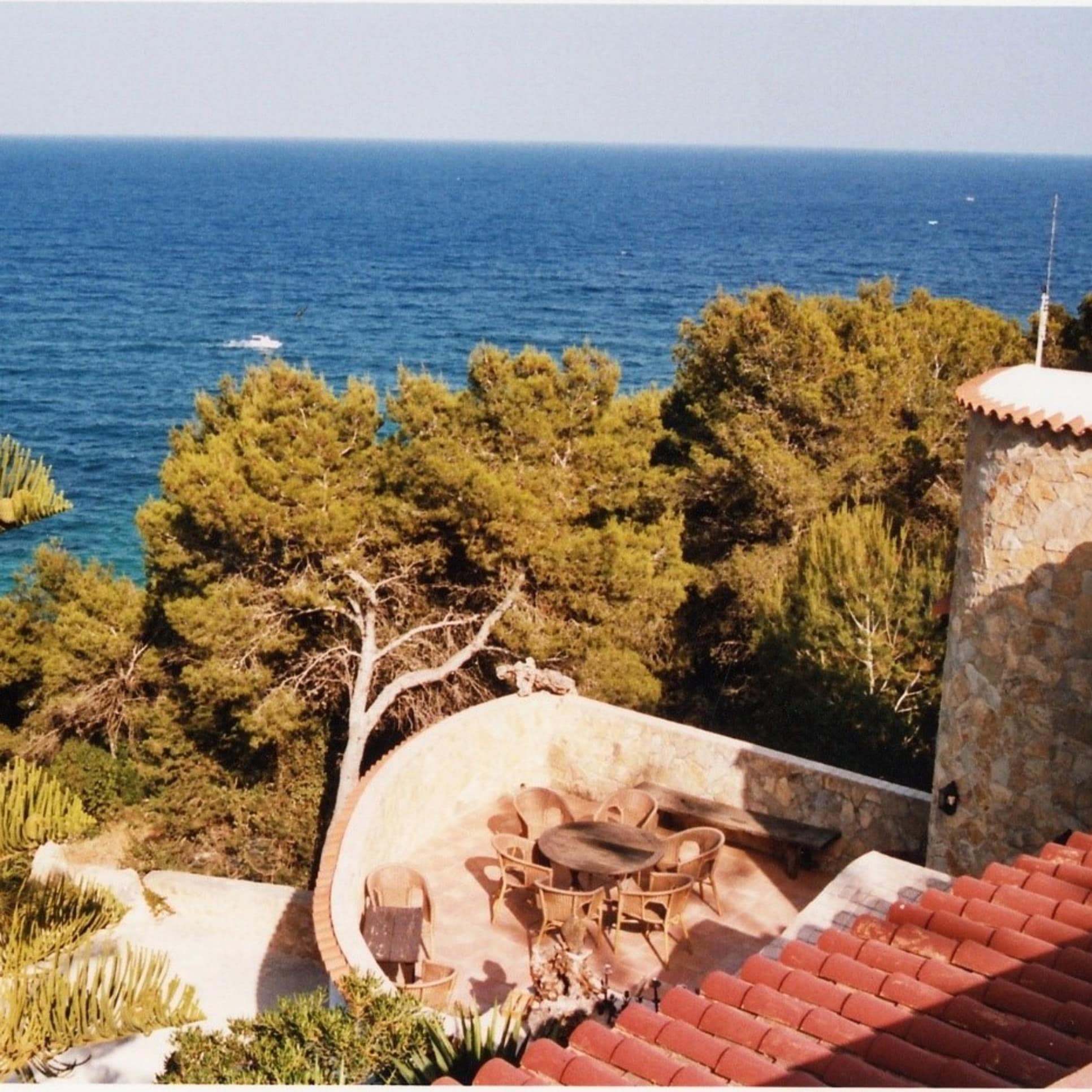 Blick auf das Meer von der Dachterrasse einer Finca auf Ibiza, die von Bäumen umgeben ist