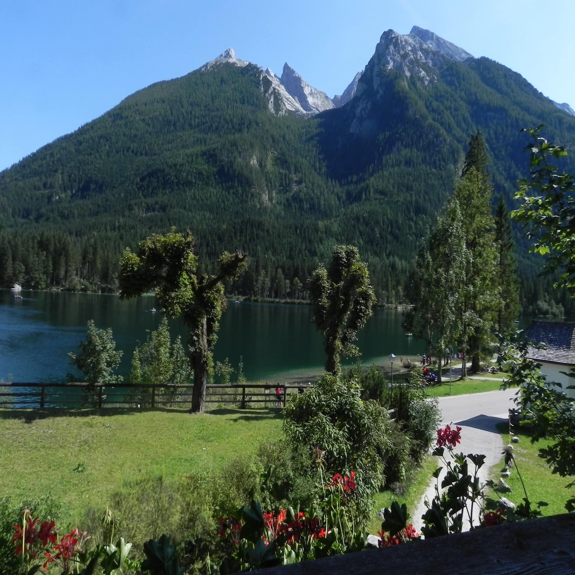 Blick von einem Balkon auf den sommerlichen Garten direkt am Ufer des Königssees. Die Sonne scheint.